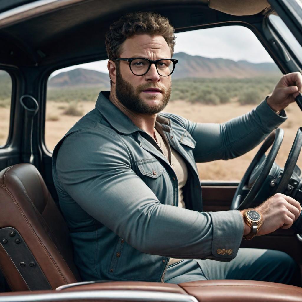  Seth Rogen driving a truck hyperrealistic, full body, detailed clothing, highly detailed, cinematic lighting, stunningly beautiful, intricate, sharp focus, f/1. 8, 85mm, (centered image composition), (professionally color graded), ((bright soft diffused light)), volumetric fog, trending on instagram, trending on tumblr, HDR 4K, 8K