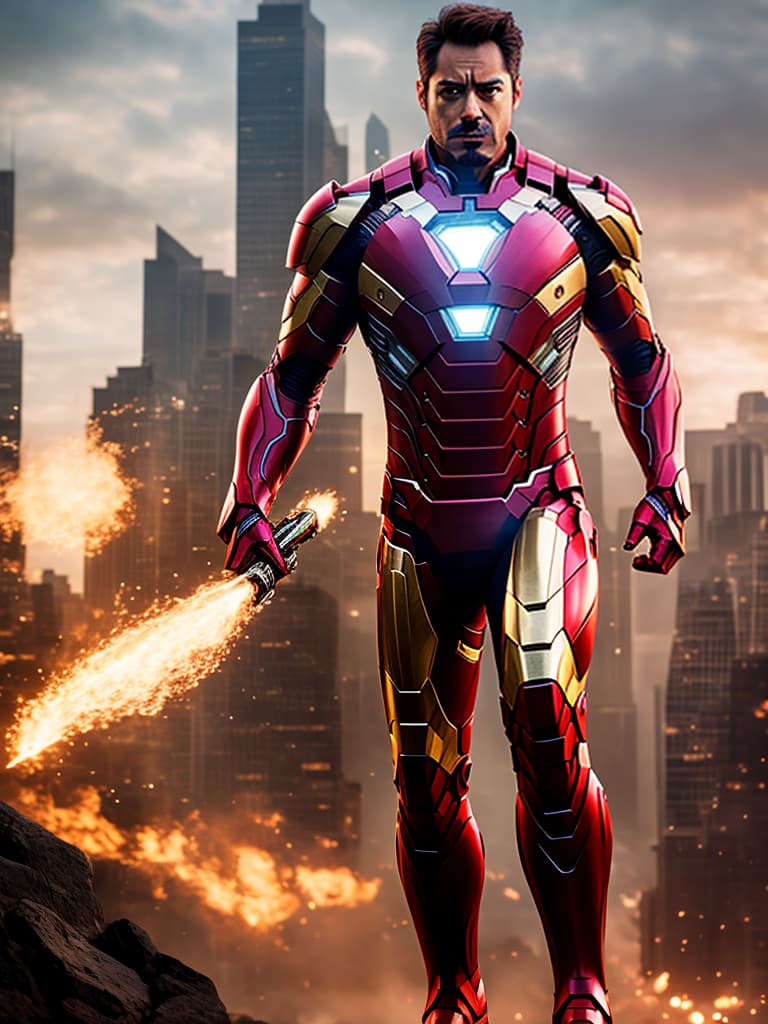  ironman tony stark in cinematic poster hyperrealistic, full body, detailed clothing, highly detailed, cinematic lighting, stunningly beautiful, intricate, sharp focus, f/1. 8, 85mm, (centered image composition), (professionally color graded), ((bright soft diffused light)), volumetric fog, trending on instagram, trending on tumblr, HDR 4K, 8K