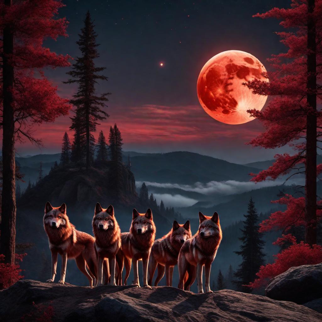  A striking image of a wolfpack under a blood moon. The scene is set at night with a large, crimson moon hanging low in the sky, casting a reddish glow over the landscape. The wolves are gathered on a rocky cliff, some howling at the moon while others look on with intense, glowing eyes. Surrounding them is a dark forest, illuminated only by the eerie light of the blood moon. The night sky is filled with stars, adding to the mystical atmosphere of the scene. hyperrealistic, full body, detailed clothing, highly detailed, cinematic lighting, stunningly beautiful, intricate, sharp focus, f/1. 8, 85mm, (centered image composition), (professionally color graded), ((bright soft diffused light)), volumetric fog, trending on instagram, trending on tumblr, HDR 4K, 8K