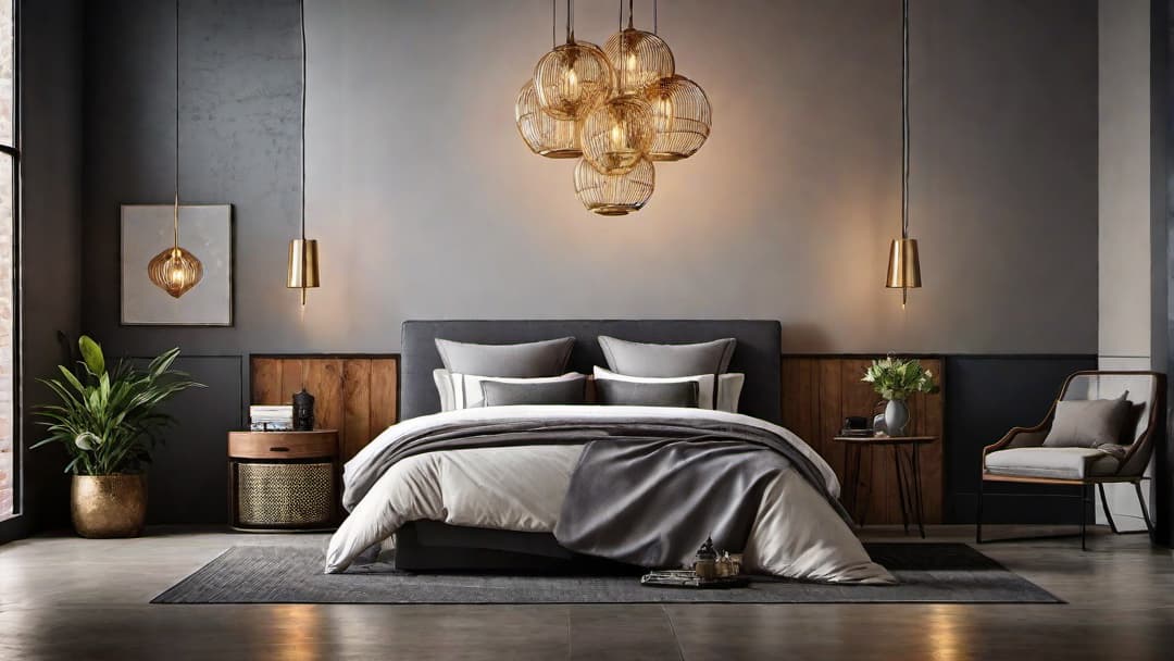  Create an image of a bedroom that embodies the Industrial Glam style. The focal point should be an Industrial Bed Frame with a metal Industrial Headboard. Decorate the space with exposed brick walls, distressed wooden floors, and sleek metallic fixtures. Use a color palette including shades of gray, black, and brown, and add occasional pops of muted colors. Include modern touches like stylish pendant lights and chic side tables to complete the look. hyperrealistic, full body, detailed clothing, highly detailed, cinematic lighting, stunningly beautiful, intricate, sharp focus, f/1. 8, 85mm, (centered image composition), (professionally color graded), ((bright soft diffused light)), volumetric fog, trending on instagram, trending on tumblr, HDR 4K, 8K