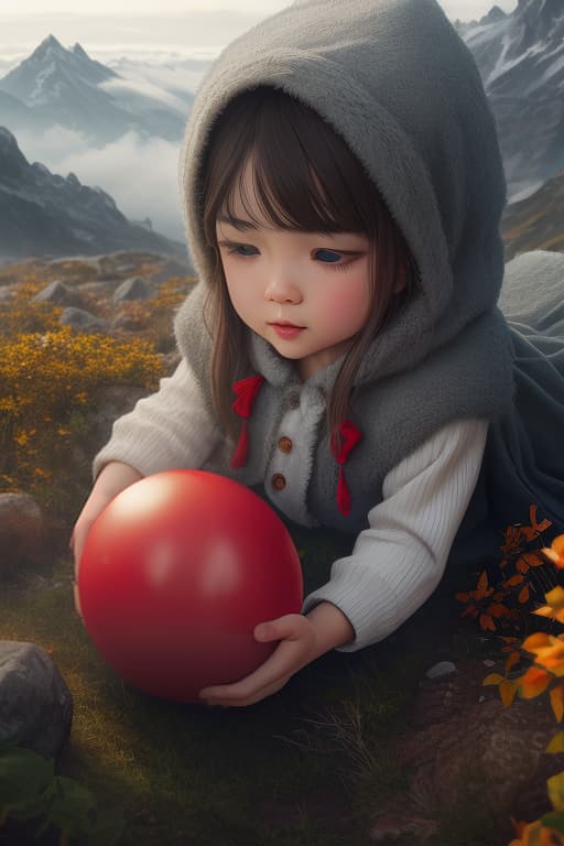  The children are playing with a red ball on the mountain. hyperrealistic, full body, detailed clothing, highly detailed, cinematic lighting, stunningly beautiful, intricate, sharp focus, f/1. 8, 85mm, (centered image composition), (professionally color graded), ((bright soft diffused light)), volumetric fog, trending on instagram, trending on tumblr, HDR 4K, 8K