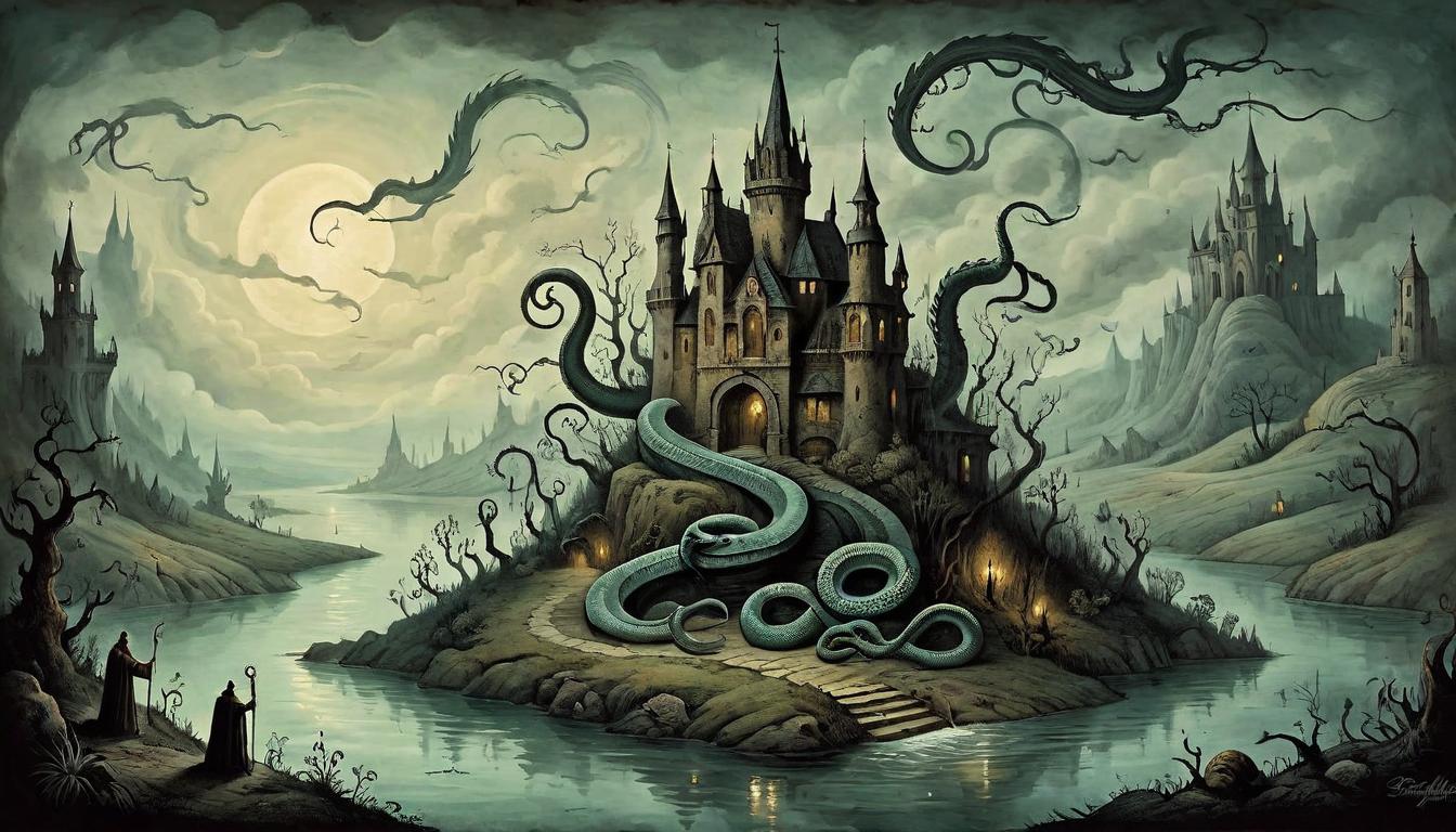  on parchment, surrealism+++, A serene landscape with an undercurrent of darkness, hidden serpents beneath the surface, tendrils of jealousy emerging, peaceful yet sinister, concealed threats, corrosive(mysterious, provocative, symbolic,muted color)+++