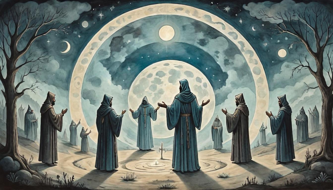  on parchment, surrealism+++, A circle of robed figures, hands linked, an ethereal light radiating from their center, background of a moonlit clearing, solidarity, support, spiritual kinship(mysterious, provocative, symbolic,muted color)+++