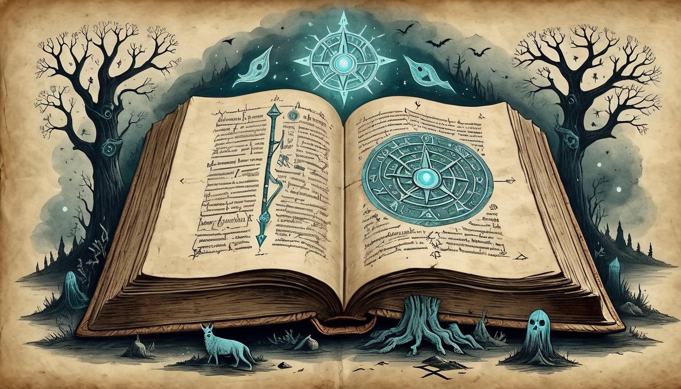  on parchment, surrealism+++, A large old book with glowing runes, pages flipping by an unseen force, ghostly hands emerging, cosmic justice inscribed, living testament, ancient truth(mysterious, provocative, symbolic,muted color)+++