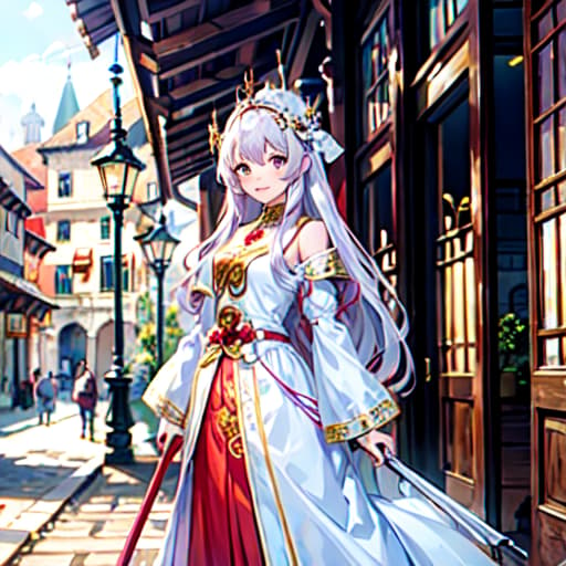  master piece , best quality,Light purple semi long hair, white dress, red balled walking stick, medieval town, gentle smile