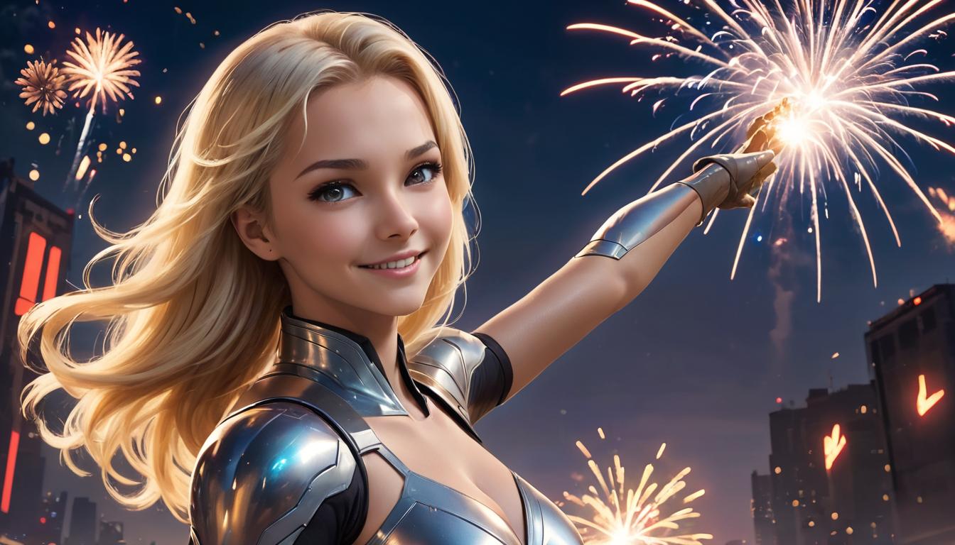  1girl, large busted attractive blond arian female humanoid, celebrating triumphs, proud and joyful expression, fireworks in background, high tech clothing clad in sleek, futuristic costume with metallic accents and form fitting designs, marvel superhero comics style, unreal engine rendering