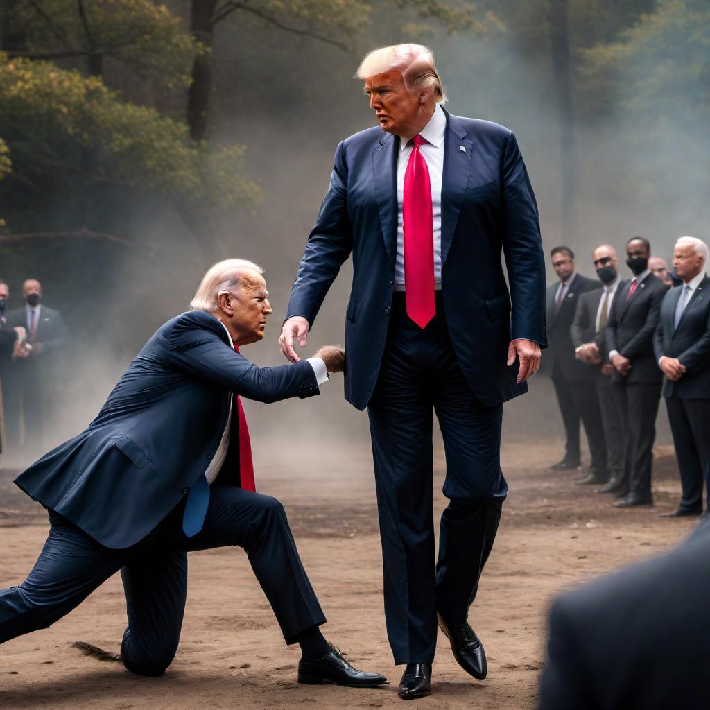  An image depiction of Donald Trump smacking Joe Biden. Donald Trump should be wearing his usual dark suit with a red tie, and Joe Biden should be in his recognizable casual attire or a suit. The scene should capture the moment of impact with dynamic expressions and motion. The background can be neutral to focus on the action or related to a debate stage or political setting. hyperrealistic, full body, detailed clothing, highly detailed, cinematic lighting, stunningly beautiful, intricate, sharp focus, f/1. 8, 85mm, (centered image composition), (professionally color graded), ((bright soft diffused light)), volumetric fog, trending on instagram, trending on tumblr, HDR 4K, 8K