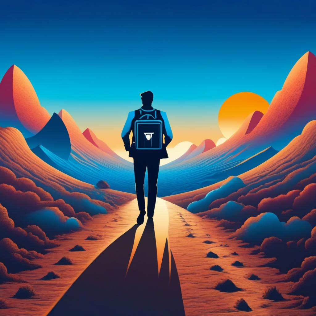  Logo, (surrealism style), „Wanderer“ auf dem Weg zum Gipfel im blauen Sonnenuntergang