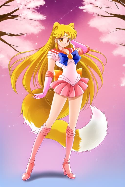  cute fox women with long pink hair pink leather jacket with boots and high waisted shorts in summer with sakura blooms,(sailor venus:1.3), (masterpiece), (highest quality), (intricate), (high detail)