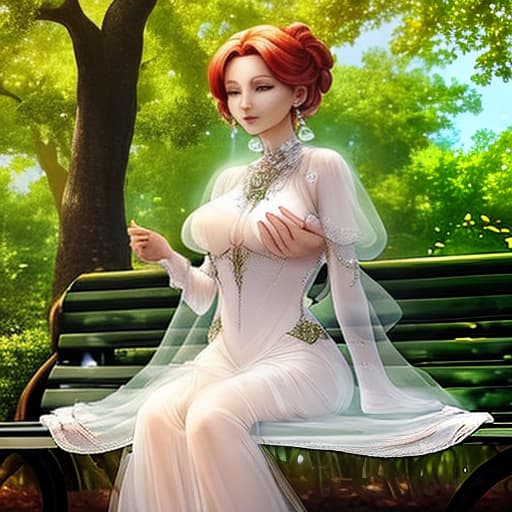  A beautiful lady wearing a transparent dress and showing her breasts in a park sitting on a bench in the middle of a beautiful tree of beautiful colors with its fruits in the sky golden and reddish cl