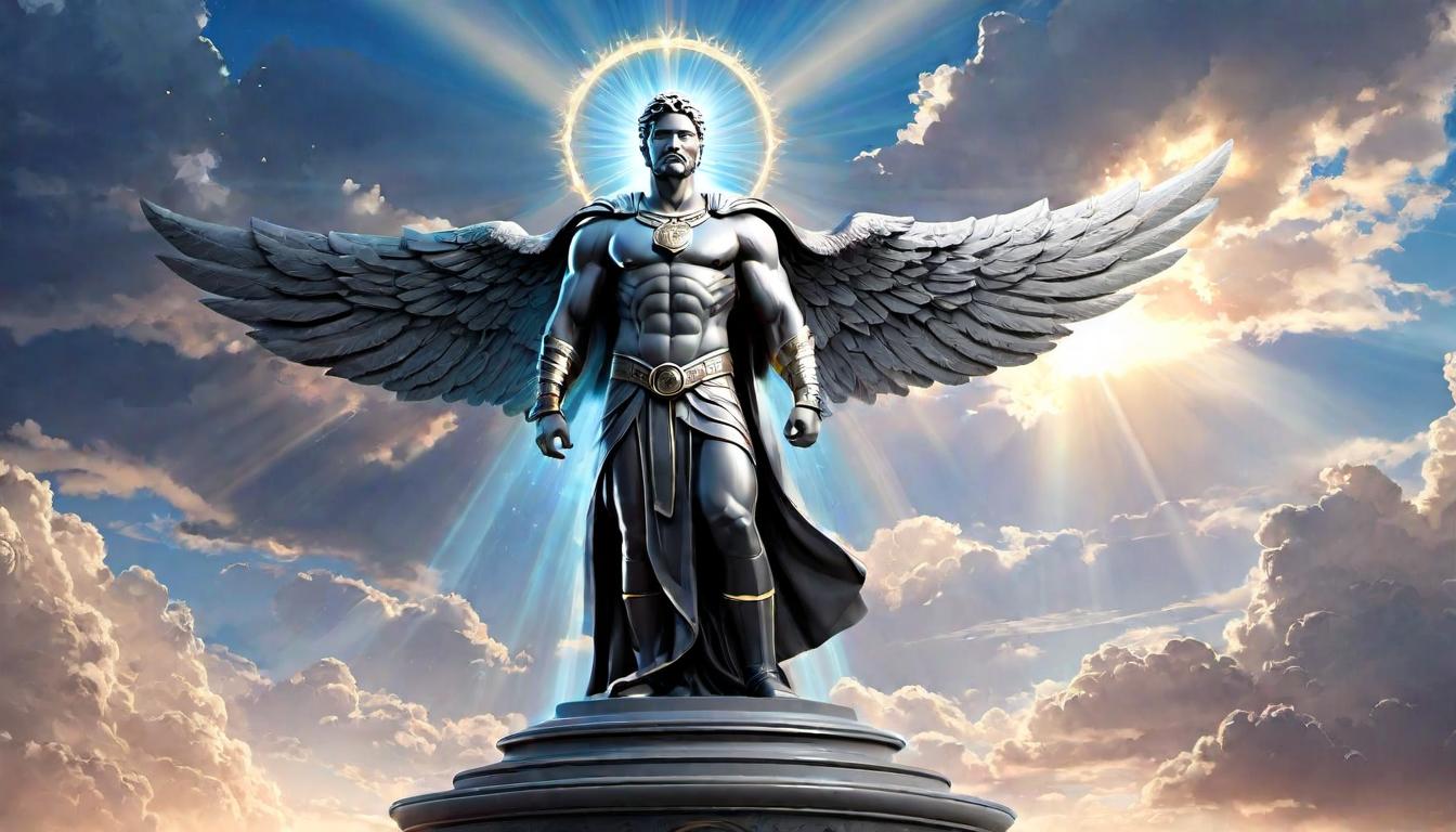  digital illustration, Majestic figure standing on a pedestal, an air of authority and calm, rays of light emanating from head and heart, symbolizing internal power, resolute, empowered, looking at viewer, dynamic pose, (intricate details, masterpiece, best quality)