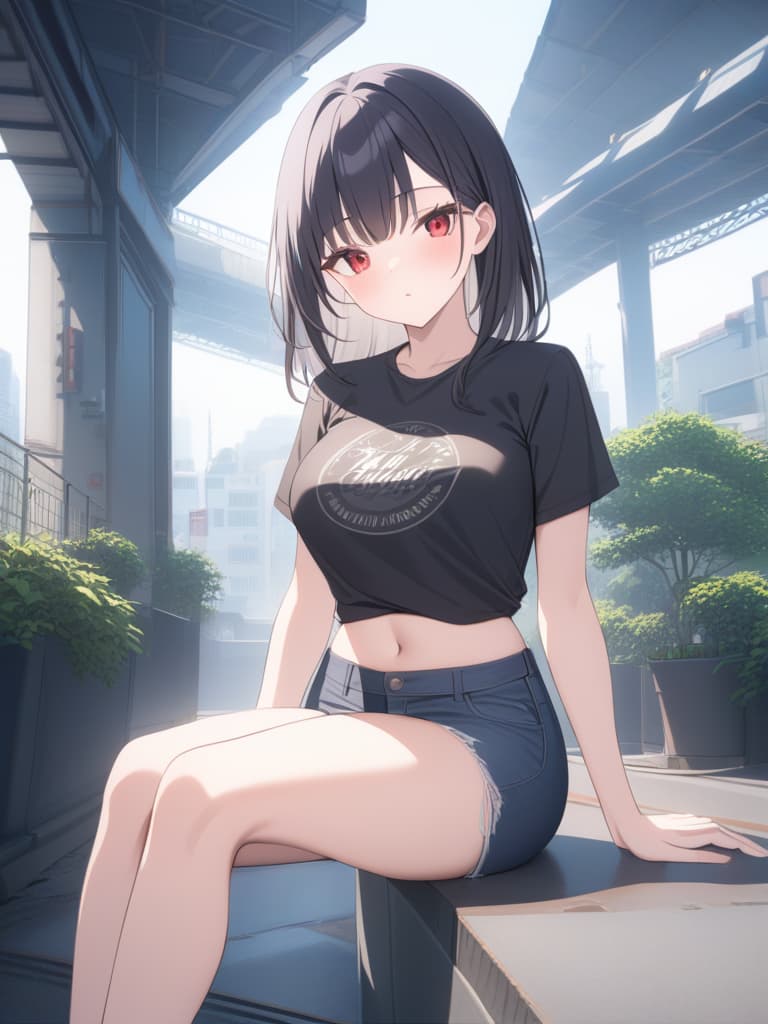  Black hair, black T shirt, damage jeans, green mesh, sauce, red eyes, alley, sitting, masterpiece, best quality,8k,ultra detailed,high resolution,an extremely delicate and beautiful,hyper detail hyperrealistic, full body, detailed clothing, highly detailed, cinematic lighting, stunningly beautiful, intricate, sharp focus, f/1. 8, 85mm, (centered image composition), (professionally color graded), ((bright soft diffused light)), volumetric fog, trending on instagram, trending on tumblr, HDR 4K, 8K