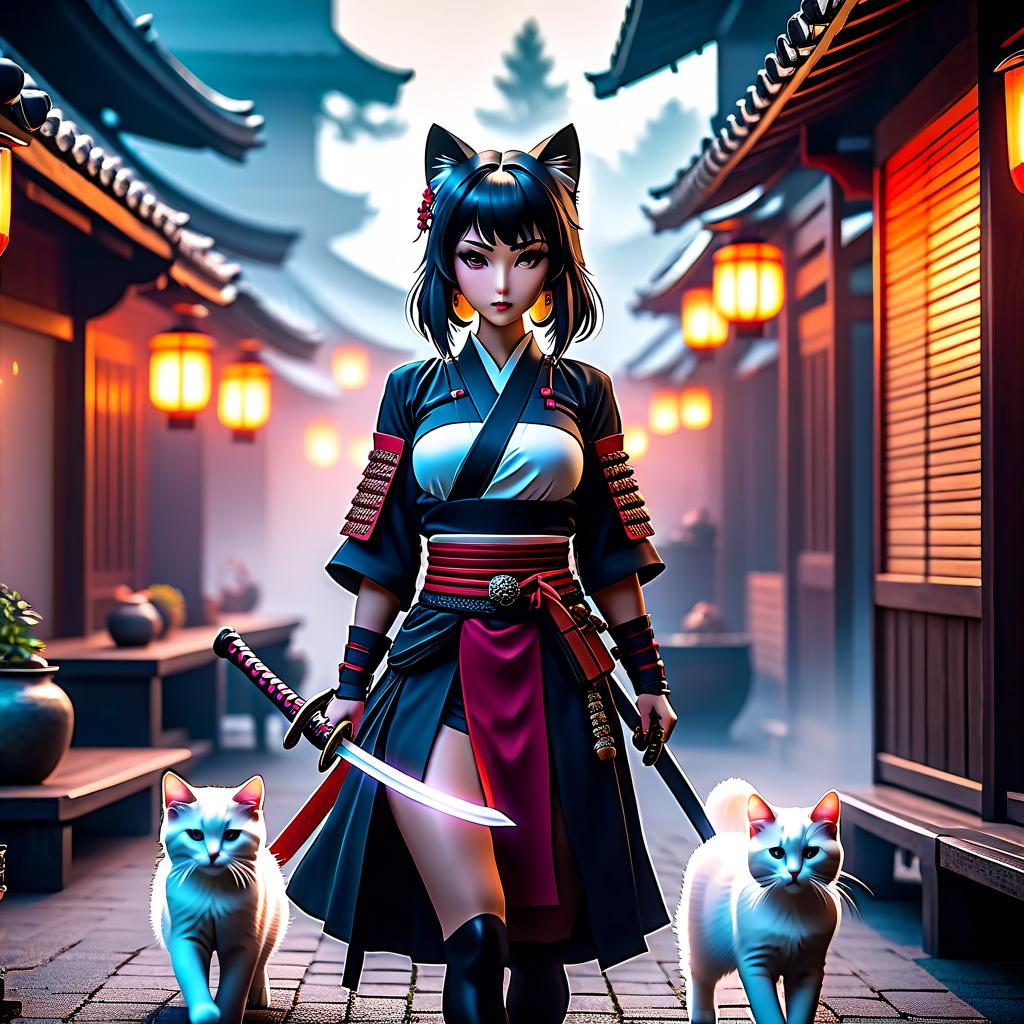  cinematic photo A quick, well built, samurai woman with two sharp katanas protects the kittens. . 35mm photograph, film, bokeh, professional, 4k, highly detailed hyperrealistic, full body, detailed clothing, highly detailed, cinematic lighting, stunningly beautiful, intricate, sharp focus, f/1. 8, 85mm, (centered image composition), (professionally color graded), ((bright soft diffused light)), volumetric fog, trending on instagram, trending on tumblr, HDR 4K, 8K