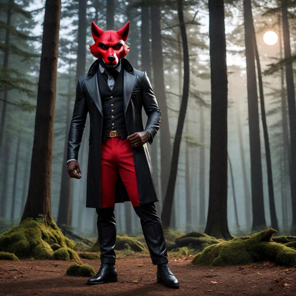  A cartoon character of a black man with a small beard wearing a black, chinless wolf mask and a red nose. The background should include a dark forest with tall trees and a full moon in the night sky. The character should be depicted in a playful, colorful cartoon style. hyperrealistic, full body, detailed clothing, highly detailed, cinematic lighting, stunningly beautiful, intricate, sharp focus, f/1. 8, 85mm, (centered image composition), (professionally color graded), ((bright soft diffused light)), volumetric fog, trending on instagram, trending on tumblr, HDR 4K, 8K