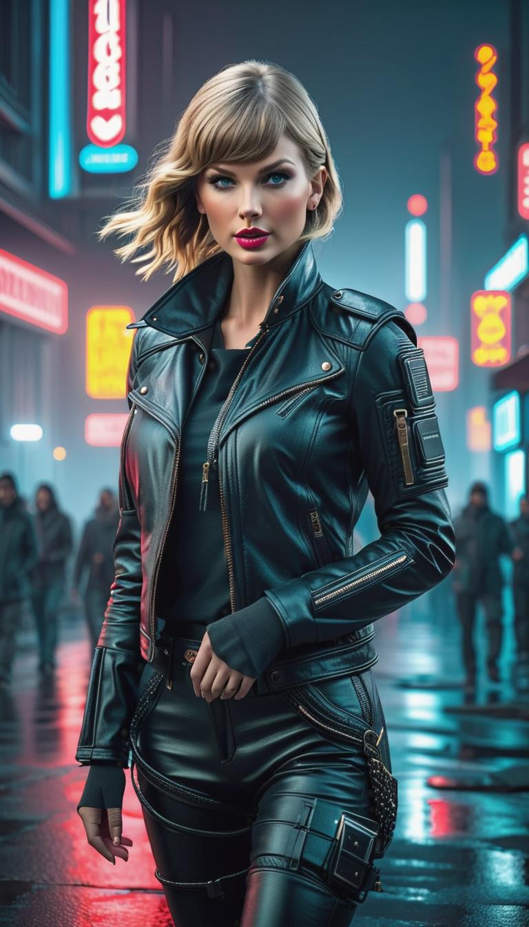  Cyberpunk style depiction of Taylor Swift birdwatching . The scene is set in a world where technology has advanced, but society and human conditions have not, creating a gritty, dystopian atmosphere. hyperrealistic, full body, detailed clothing, highly detailed, cinematic lighting, stunningly beautiful, intricate, sharp focus, f/1. 8, 85mm, (centered image composition), (professionally color graded), ((bright soft diffused light)), volumetric fog, trending on instagram, trending on tumblr, HDR 4K, 8K