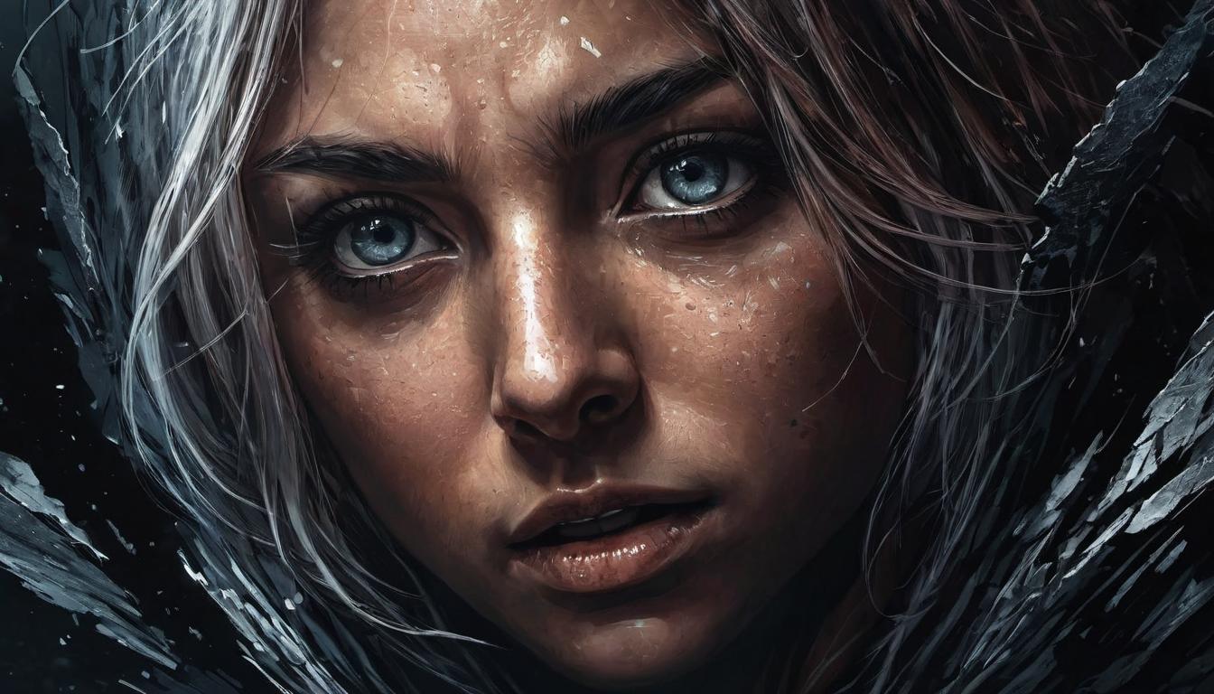  digital illustration, close up of a person, eyes wide open in shock, fear etched on the face, fine lines capturing the raw emotion, background of darkness, intense vulnerability, looking at viewer, dynamic pose, (intricate details, masterpiece, best quality)