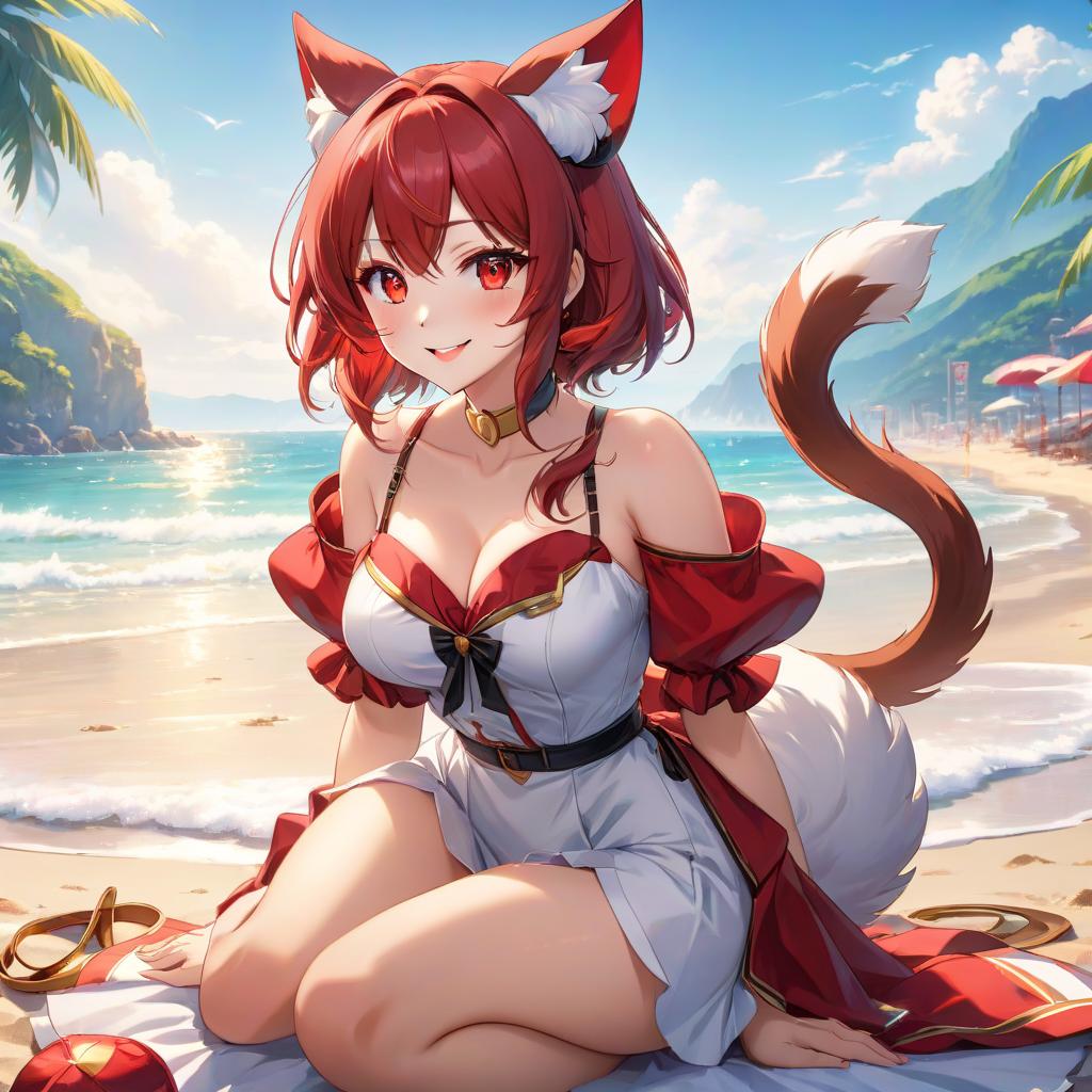  anime artwork A nine yea , beautiful face, red shiny eyes, perfect body shape, large , cat like ears, smiling, press, toned legs and arms, wide shoulders, 8k, red , on the beach, summer. . anime style, key visual, vint, studio anime, highly detailed hyperrealistic, full body, detailed clothing, highly detailed, cinematic lighting, stunningly beautiful, intricate, sharp focus, f/1. 8, 85mm, (centered image composition), (professionally color graded), ((bright soft diffused light)), volumetric fog, trending on instagram, trending on tumblr, HDR 4K, 8K