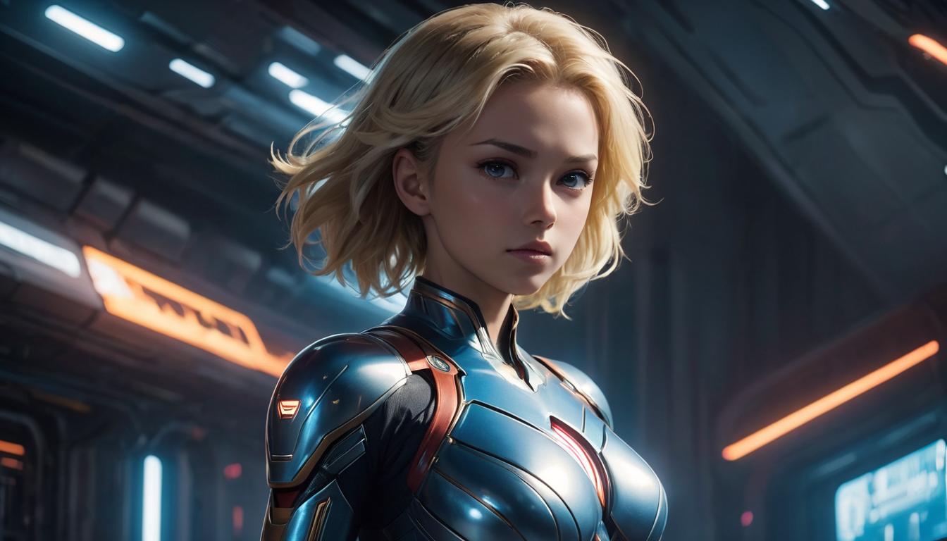  1girl, large busted attractive blonde arian female humanoid, standing tall, power emanating from her hands, vibrant energetic atmosphere, high tech clothing clad in sleek, futuristic costume with metallic accents and form fitting designs, marvel superhero comics style, unreal engine rendering