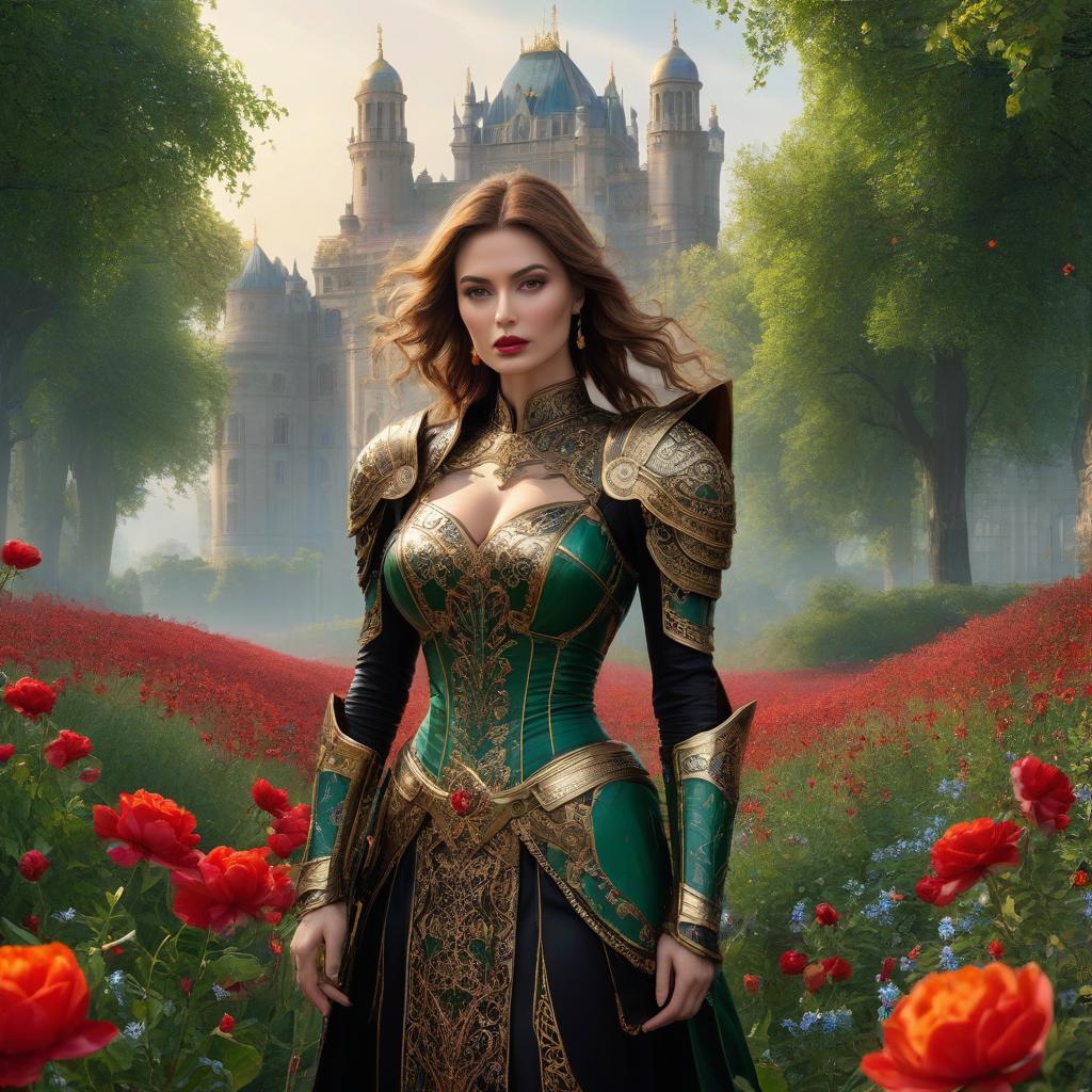  The with the brown hair. Тhe dress, the purse, the brown eyes. , red lips. A in armor. Armor below the . High detailing and treatment of the face and other parts of the body Fire. The rigor of the lines. Power. The sword gives off electric shocks. Highly detailed, highly detailed, highly detailed image and all details. ((Sparkling rim)): spring field, hyacinths, roses, rosehips, rose hips, peonies, cherry tree, yellow, red, black flowers, forget me nots. Nature in the background, spring, delight. Luxury, richness. High quality. Swarovski, pandora. The Emerald Palace, the towers. Holobue sky. Golden spires, Gothic style. Fantasy, fairy tale. Poppy field in front of palace. Emerald stones, Green Alley.Luxury, wealth. sp hyperrealistic, full body, detailed clothing, highly detailed, cinematic lighting, stunningly beautiful, intricate, sharp focus, f/1. 8, 85mm, (centered image composition), (professionally color graded), ((bright soft diffused light)), volumetric fog, trending on instagram, trending on tumblr, HDR 4K, 8K