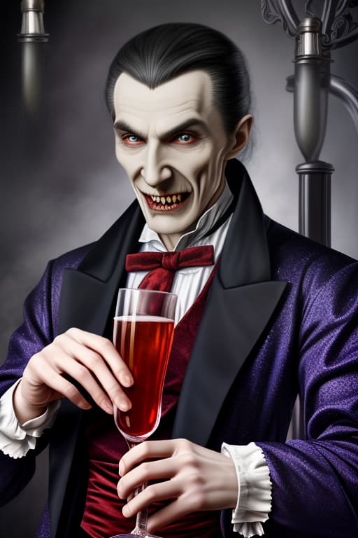  Portrait Picture Dracula as a scientist preparing something fizzy and sparkling with insane details and vivid colors and handsome character full body cloths and vampire teeth