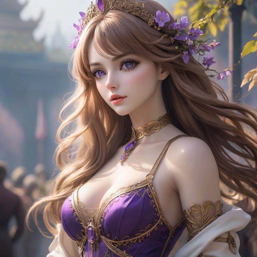  The goddess of beauty and femininity. Light brown hair, slim body, purple eyes hyperrealistic, full body, detailed clothing, highly detailed, cinematic lighting, stunningly beautiful, intricate, sharp focus, f/1. 8, 85mm, (centered image composition), (professionally color graded), ((bright soft diffused light)), volumetric fog, trending on instagram, trending on tumblr, HDR 4K, 8K