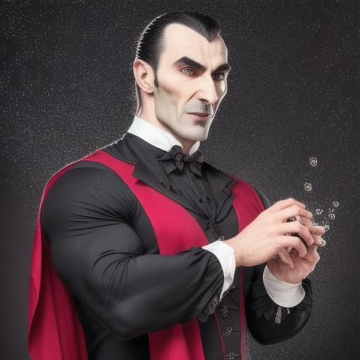  Medium Muscular handsome Dracula thinking deeply with full clothes with his two teeth showing and a fizzy sparkling black background