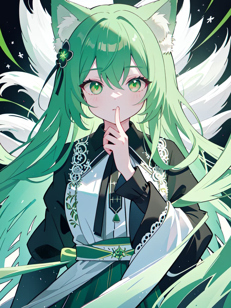  Green hair black suit hiding your face with a white fox mask, masterpiece, best quality,8k,ultra detailed,high resolution,an extremely delicate and beautiful,hyper detail