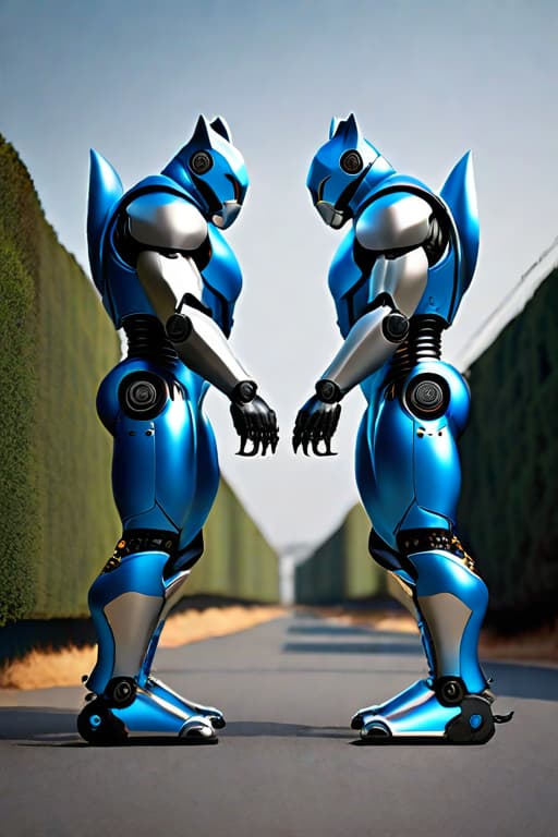  Blue 2 headed cat robot hyperrealistic, full body, detailed clothing, highly detailed, cinematic lighting, stunningly beautiful, intricate, sharp focus, f/1. 8, 85mm, (centered image composition), (professionally color graded), ((bright soft diffused light)), volumetric fog, trending on instagram, trending on tumblr, HDR 4K, 8K