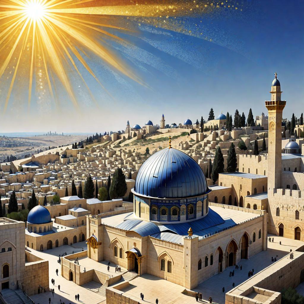  (best quality, masterpiece), (((high detail))), The view of the city of Jerusalem appears to the observatory like an elegant jewelry box. The ancient churches and mosques are organized in a wondrous hierarchy against a clear blue sky. At the top of the mountain, the rock freeze is studded with gold and exiled by a sparkling ray of sunshine. The stone houses throughout the city flow with each other, and the ancient sections are brimming with culture and history. The sun, on its way to set, sinks the city with the same red light, giving it a special shade of warmth and romance. The view completes the historical and exciting character of Jerusalem, adorning it with ancient charm and a modern guest.