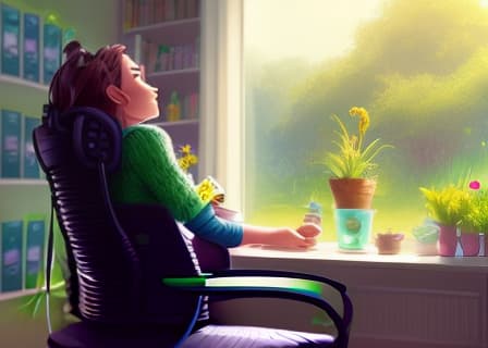  Closeup portrait of a person is sitting in a chair in a room . , happy background, grass skin, flowers, earth elemental, hair made of flora, nature character, pixar, disney, symmetrical, stylised, soft lighting, wlop, rossdraws, concept art, digital painting