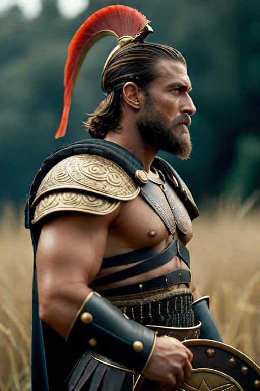  Side View of a Roman Warrior wearing a shield on his back,Overgrown,mystic,ethereal,darkness,muscular,spartan,more impressive beard,extreme detailed and ornamented armor,black armor,gold ornament, atmospheric haze,Film grain,cinematic film still,shallow depth of field,highly detailed,high budget,cinemascope,moody,epic,OverallDetail,2000s vintage RAW photo,photorealistic,candid camera,color graded cinematic,eye catchlights,atmospheric lighting,imperfections,natural,shallow dof,dynamic angle,full body,<lora:RMSDXL Darkness Cinema:0.8>,<lora:RMSDXL Enhance:0.8>,, high resolution,extreme detail hyperrealistic, full body, detailed clothing, highly detailed, cinematic lighting, stunningly beautiful, intricate, sharp focus, f/1. 8, 85mm, (centered image composition), (professionally color graded), ((bright soft diffused light)), volumetric fog, trending on instagram, trending on tumblr, HDR 4K, 8K