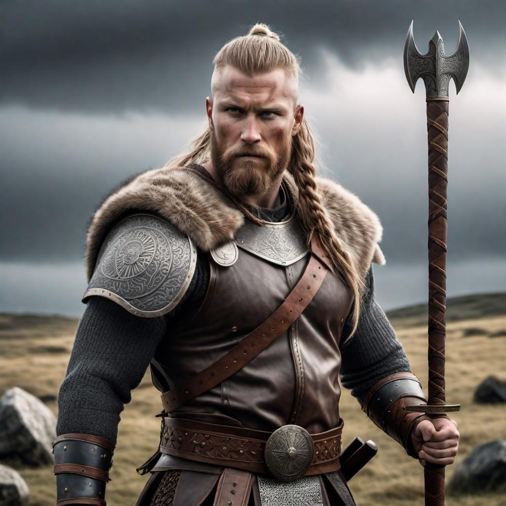  A battle-tested Viking warrior based on the visual style of the provided image: https://chatai-prod-1.s3.us-west-1.amazonaws.com/uploads/oknx8w6rve4xd7nzn2fvwrobo796skwh.png. The Viking should have battle scars, a fierce expression, and be equipped with rugged Viking armor, holding a traditional Viking weapon like an axe or sword. The background should evoke the atmosphere of a battlefield, with dark, stormy skies and a sense of intensity. hyperrealistic, full body, detailed clothing, highly detailed, cinematic lighting, stunningly beautiful, intricate, sharp focus, f/1. 8, 85mm, (centered image composition), (professionally color graded), ((bright soft diffused light)), volumetric fog, trending on instagram, trending on tumblr, HDR 4K, 8K