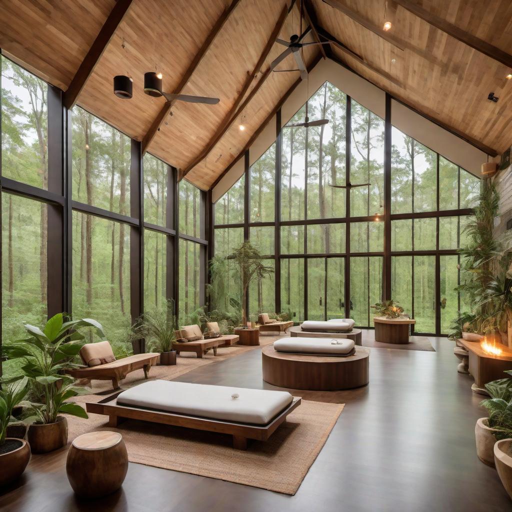  A holistic and integrative wellness center built on the canvas of 1300 Finks Hideaway Road, Monroe, Louisiana. The setting is transformed into a luxurious healing sanctuary with elements of natural beauty and modern architecture. The centerpiece is a modern, eco-friendly building with floor-to-ceiling windows, surrounded by lush gardens, nature trails, serene water features, and luxurious Airbnb condos. The wellness center includes spa facilities, yoga and meditation studios, an advanced fitness center with state-of-the-art equipment, rooms for holistic treatments like acupuncture and reiki, and a farm-to-table restaurant with outdoor seating. Guests are seen engaging in outdoor activities like hiking and organic gardening. Communal spaces  hyperrealistic, full body, detailed clothing, highly detailed, cinematic lighting, stunningly beautiful, intricate, sharp focus, f/1. 8, 85mm, (centered image composition), (professionally color graded), ((bright soft diffused light)), volumetric fog, trending on instagram, trending on tumblr, HDR 4K, 8K