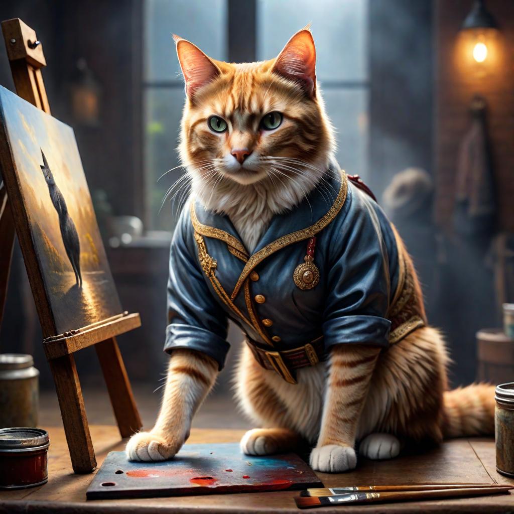  A cat is painting. hyperrealistic, full body, detailed clothing, highly detailed, cinematic lighting, stunningly beautiful, intricate, sharp focus, f/1. 8, 85mm, (centered image composition), (professionally color graded), ((bright soft diffused light)), volumetric fog, trending on instagram, trending on tumblr, HDR 4K, 8K