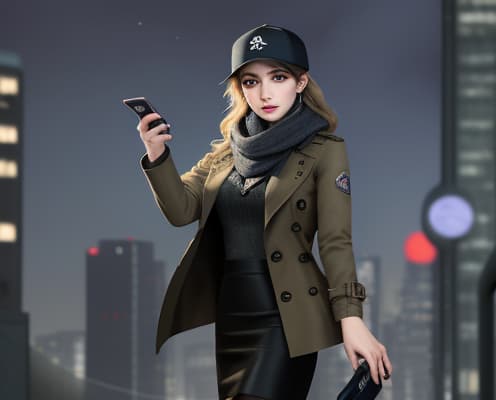  masterpiece, best quality, Best quality, female, genderswap, trench coat, scarf, baseball cap, pencil skirt, boots, night, city, running, Adrien Pearce, Watch Dogs, holding smartphone.