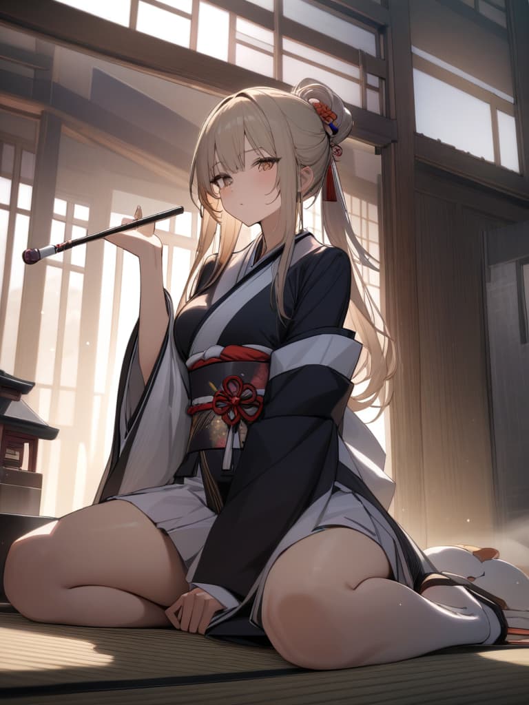  ultra detailed:1.2masterpiece:1.2,best quality,masterpiece,bestquality,hdr:1.1,8k:1.1,very cute girl:1.3,(Japanese smoke pipe:1.7),(holding,Japanese smoke pipe:1.5)blonde hair:1.3,kimono:1.3,sitting wariza:1.5,smoker:1.4, masterpiece, best quality,8k,ultra detailed,high resolution,an extremely delicate and beautiful,hyper detail