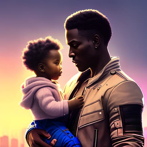 nvinkpunk dark skinned black dad holding a newborn baby girl hyperrealistic, full body, detailed clothing, highly detailed, cinematic lighting, stunningly beautiful, intricate, sharp focus, f/1. 8, 85mm, (centered image composition), (professionally color graded), ((bright soft diffused light)), volumetric fog, trending on instagram, trending on tumblr, HDR 4K, 8K