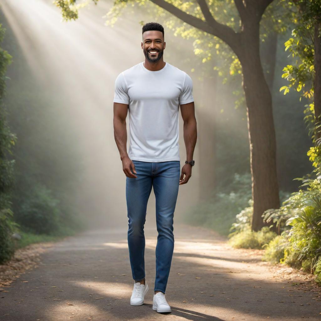  A realistic image of a man with a friendly expression, casually dressed in a t-shirt and jeans. The background is neutral or slightly blurred to keep the focus on the person. hyperrealistic, full body, detailed clothing, highly detailed, cinematic lighting, stunningly beautiful, intricate, sharp focus, f/1. 8, 85mm, (centered image composition), (professionally color graded), ((bright soft diffused light)), volumetric fog, trending on instagram, trending on tumblr, HDR 4K, 8K