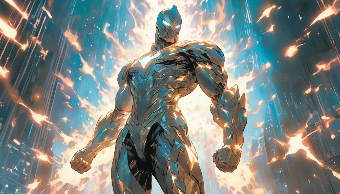  hyperrealism,fantasy aestheticA radiant figure, beacon of light, adorned in divine armor, luminous aura, starry cosmic backdrop, protective stance, embodiment of sacred guardianship, high tech clothing clad in sleek, futuristic costume with metallic accents and form fitting designs, marvel superhero comics style, unreal engine rendering