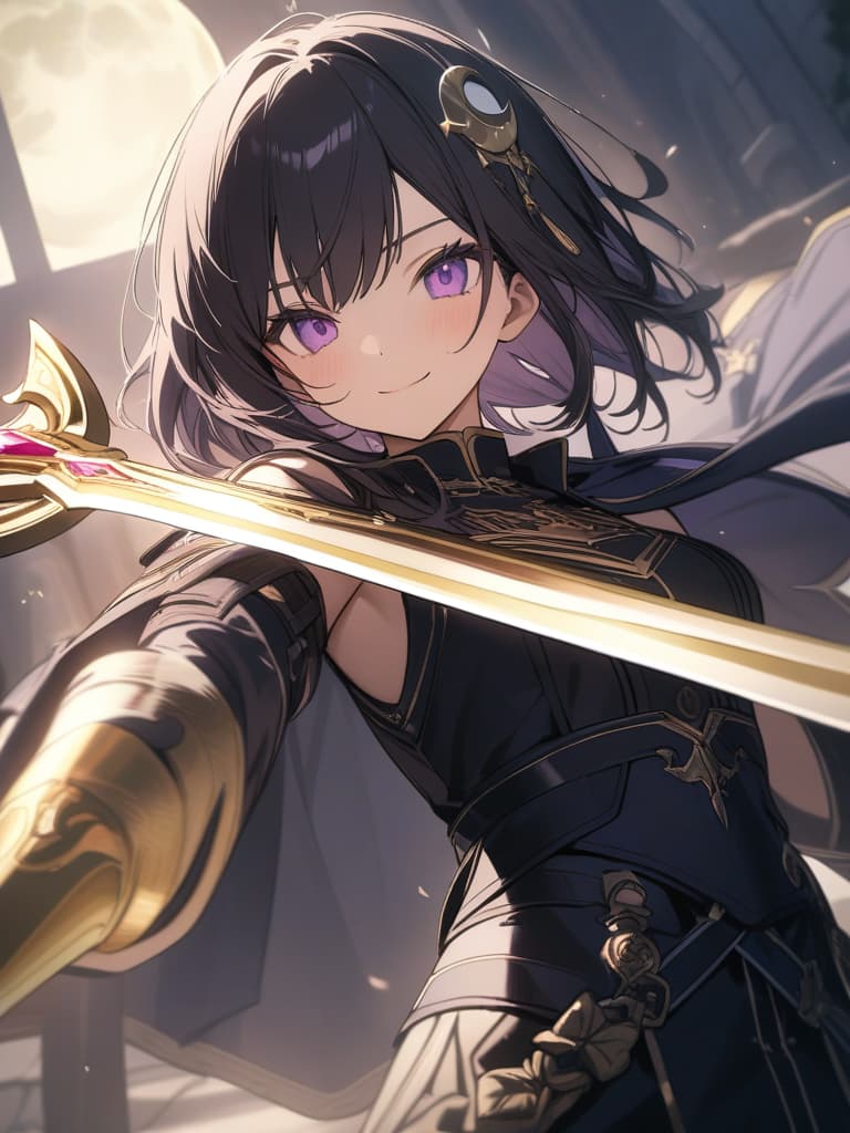  Holy Swordsman,Holy sword,golden sword,sacred place,glare,smile,sword raised,golden light,Excalibur,cool girl,Black hair,(purple eyes),short,cropped hair,crescent moon hair ornament, masterpiece, best quality,8k,ultra detailed,high resolution,an extremely delicate and beautiful,hyper detail