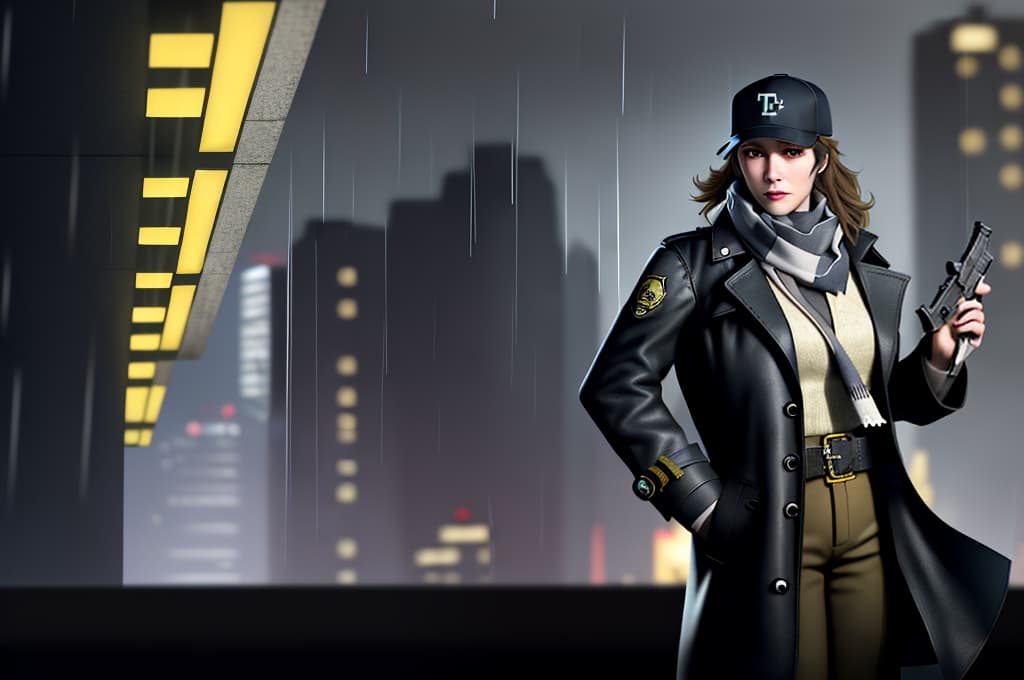  masterpiece, best quality, best quality, Female, genderswap, night, trench coat, boots, baseball hat, detective, Aiden Pearce, Watch dogs, scarf, holding gun, city raining.