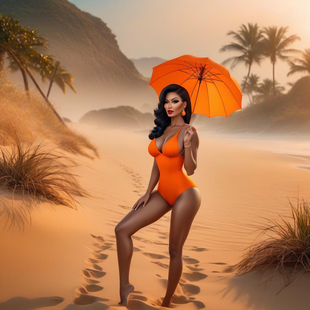  Cartoon cute fluffy saturated bright orange fluffy in a panama goes along the sandy seashore in pin up style on a beautiful background hyperrealistic, full body, detailed clothing, highly detailed, cinematic lighting, stunningly beautiful, intricate, sharp focus, f/1. 8, 85mm, (centered image composition), (professionally color graded), ((bright soft diffused light)), volumetric fog, trending on instagram, trending on tumblr, HDR 4K, 8K