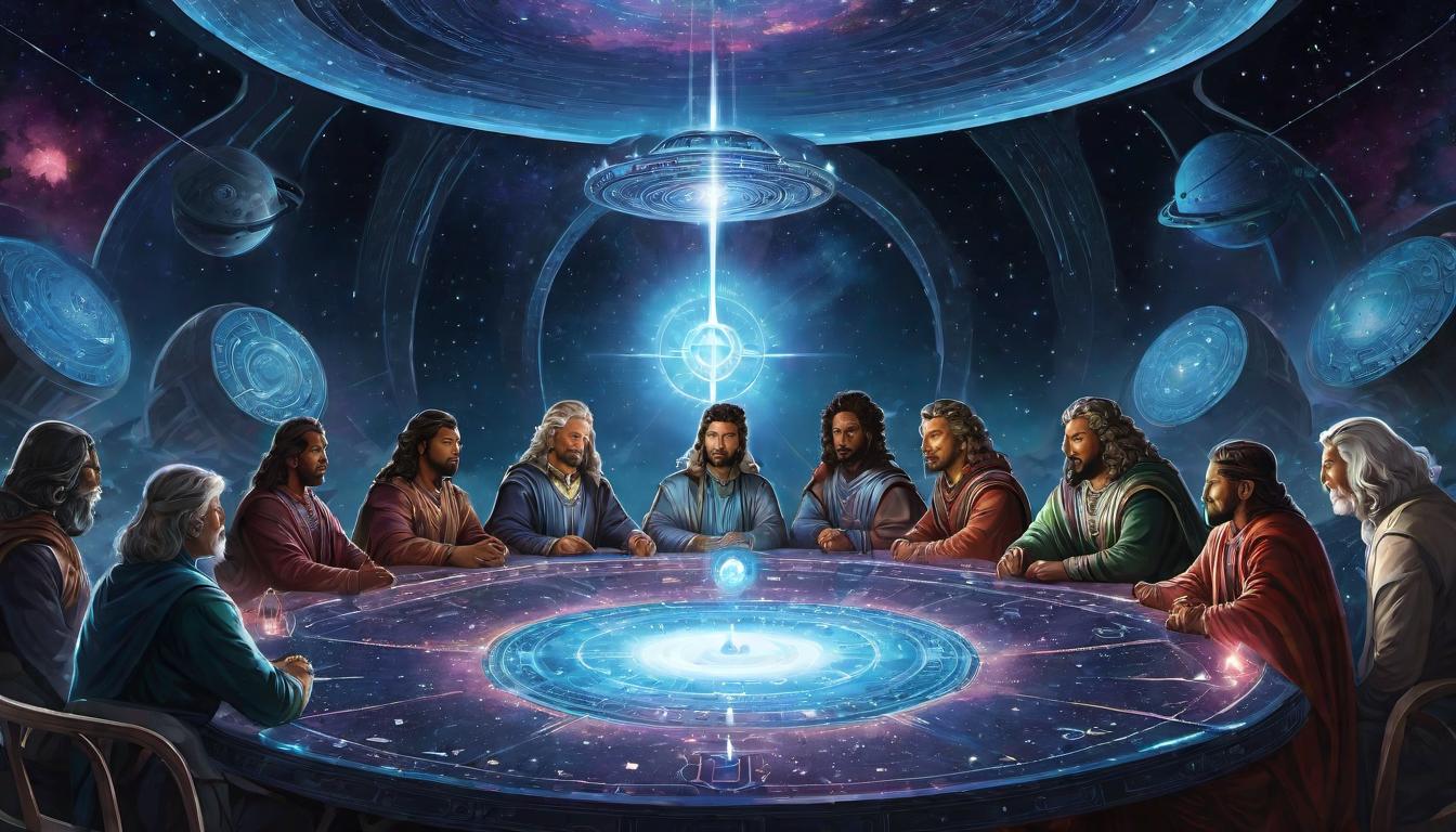  digital illustration, A galactic council table with diverse beings seated, a bright light at the center, cosmic unity, guiding presence, looking at viewer, dynamic pose, (intricate details, masterpiece, best quality)