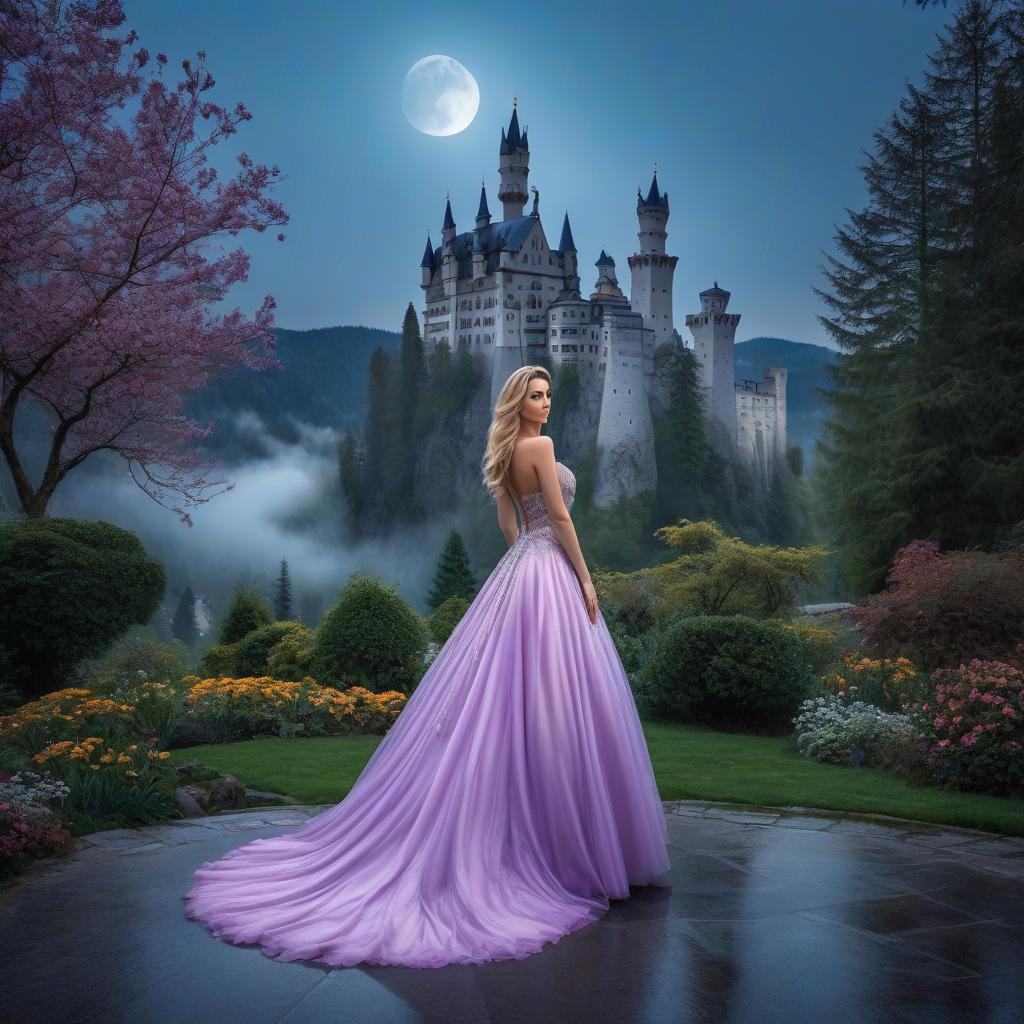  Fairy tale blue eyed eagle. Neuschwanstein. The girl in the gold dress. A very pretty girl. Garden of Eden. Rain. Flying saucer. Space, fantasy. Purple, blue, silver colors. Moon. hyperrealistic, full body, detailed clothing, highly detailed, cinematic lighting, stunningly beautiful, intricate, sharp focus, f/1. 8, 85mm, (centered image composition), (professionally color graded), ((bright soft diffused light)), volumetric fog, trending on instagram, trending on tumblr, HDR 4K, 8K