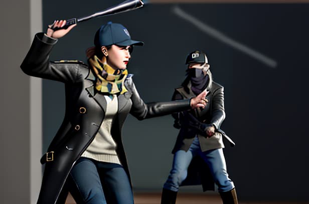  masterpiece, best quality, best quality, Female, genderswap, night, trench coat, boots, baseball hat, detective, Aiden Pearce, Watch dogs, scarf, holding nightstick, fighting.