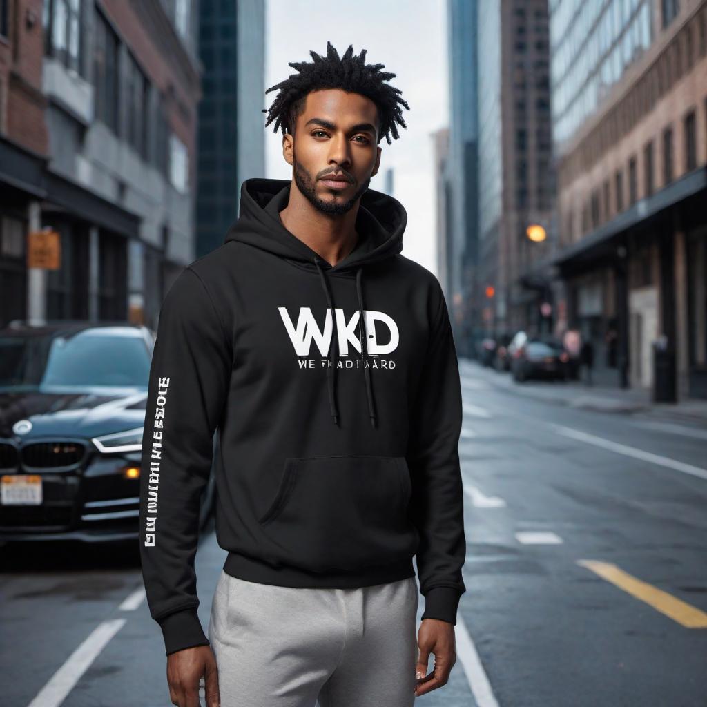  A hoodie design featuring the 'WKD 369' logo image prominently on the front, incorporating the exact image provided. The design should include the text 'We Kut Different' running down the length of both sleeves. Use colorful drawstrings for an urban touch. The overall design should be modern, stylish, and appealing to a young, fashionable audience. Use bold colors and high contrast to make the elements stand out. Incorporate the specific logo image provided in the prompt. hyperrealistic, full body, detailed clothing, highly detailed, cinematic lighting, stunningly beautiful, intricate, sharp focus, f/1. 8, 85mm, (centered image composition), (professionally color graded), ((bright soft diffused light)), volumetric fog, trending on instagram, trending on tumblr, HDR 4K, 8K