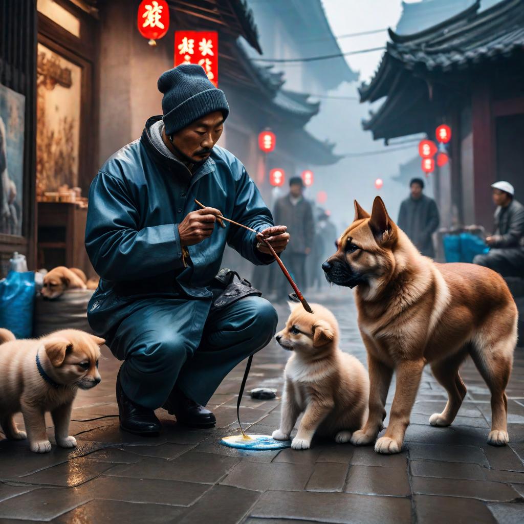  A painter cat is painting on the streets of Wuhan, while a group of puppies are watching. hyperrealistic, full body, detailed clothing, highly detailed, cinematic lighting, stunningly beautiful, intricate, sharp focus, f/1. 8, 85mm, (centered image composition), (professionally color graded), ((bright soft diffused light)), volumetric fog, trending on instagram, trending on tumblr, HDR 4K, 8K