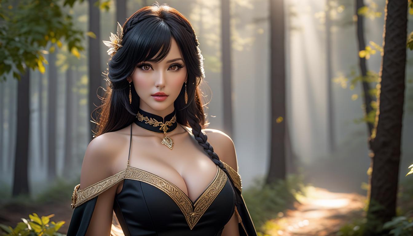   ,1 , bare shoulders, , choker, large s, erect s, jewelry, black hair, blur, blurred background, blurred foreground, bare s, brown eyes, large age, beautiful , cosplay photo, depth of field, lips , looking at viewer, large s, outdoors, photorealistic, realistic, side slit, solo, standing, tree, 8k, high quality, masterpiece hyperrealistic, full body, detailed clothing, highly detailed, cinematic lighting, stunningly beautiful, intricate, sharp focus, f/1. 8, 85mm, (centered image composition), (professionally color graded), ((bright soft diffused light)), volumetric fog, trending on instagram, trending on tumblr, HDR 4K, 8K