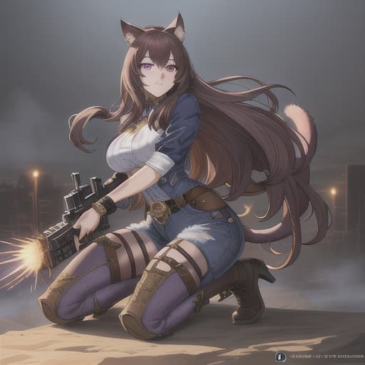  Cat girl, purple eyes, brown hair, fluffy tail, in a jean outfit, narcotics, with weapons hyperrealistic, full body, detailed clothing, highly detailed, cinematic lighting, stunningly beautiful, intricate, sharp focus, f/1. 8, 85mm, (centered image composition), (professionally color graded), ((bright soft diffused light)), volumetric fog, trending on instagram, trending on tumblr, HDR 4K, 8K