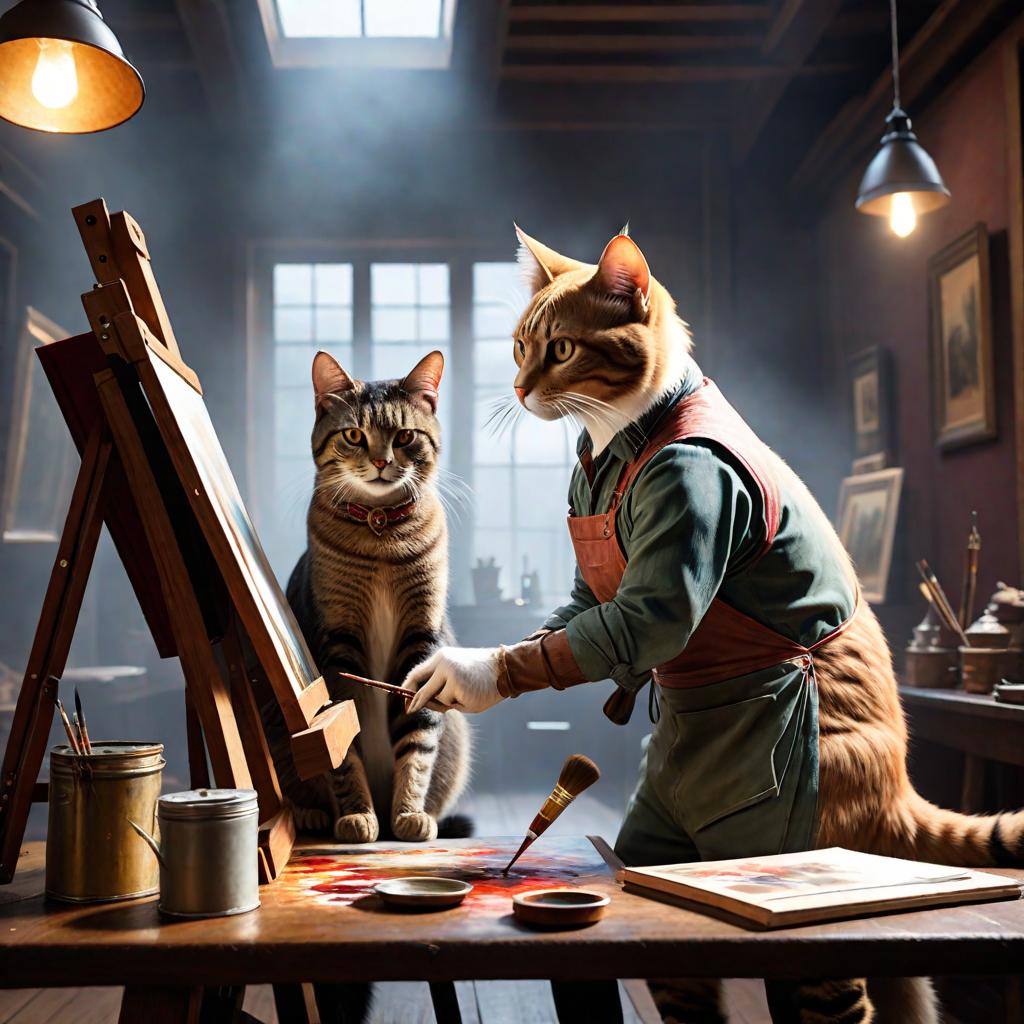  A painter cat is painting, while another writer cat is writing. hyperrealistic, full body, detailed clothing, highly detailed, cinematic lighting, stunningly beautiful, intricate, sharp focus, f/1. 8, 85mm, (centered image composition), (professionally color graded), ((bright soft diffused light)), volumetric fog, trending on instagram, trending on tumblr, HDR 4K, 8K